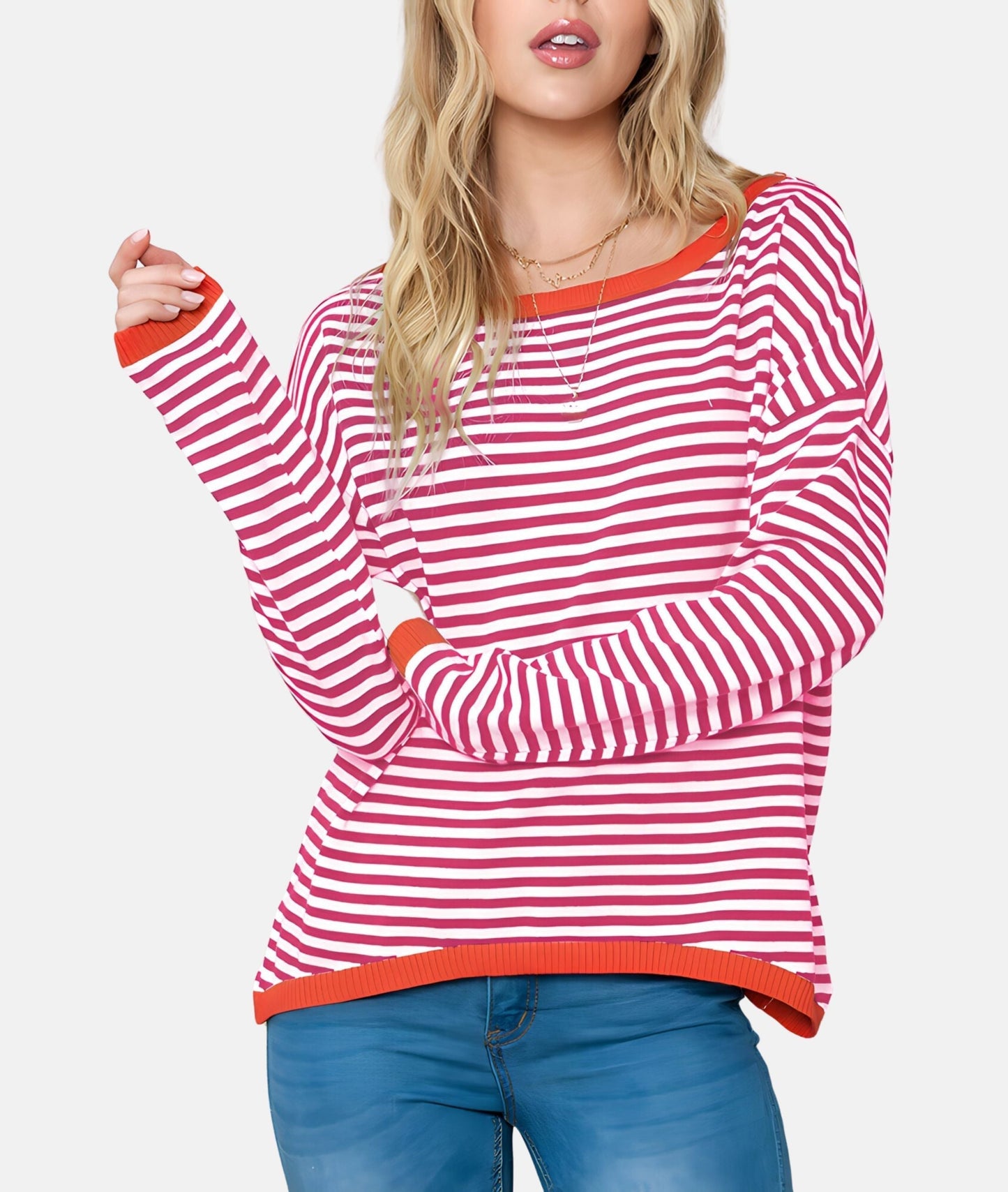 Women's drop shoulder striped contrast color knitted sweater