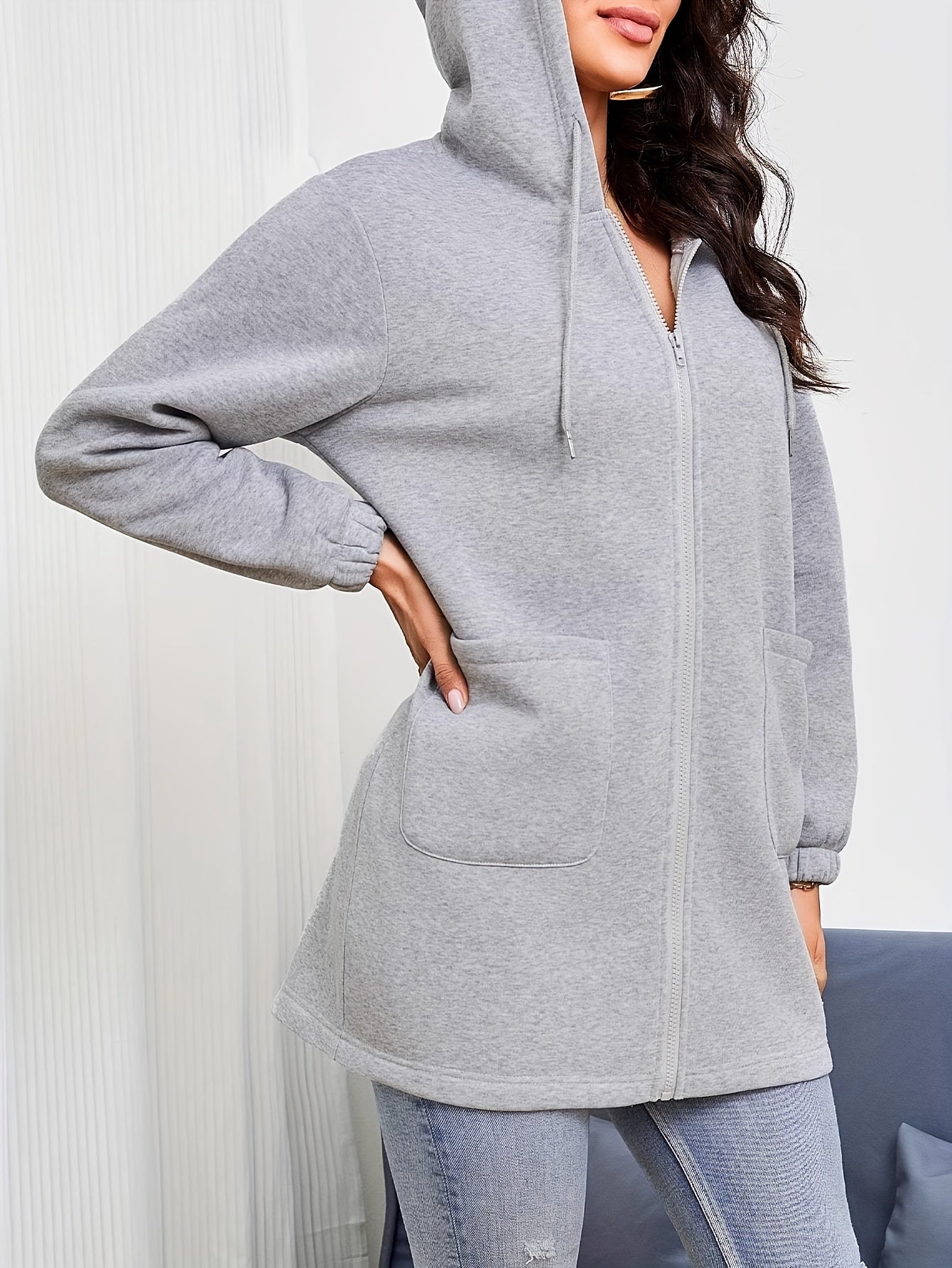 Women's solid color long hooded zipper cardigan sweatshirt