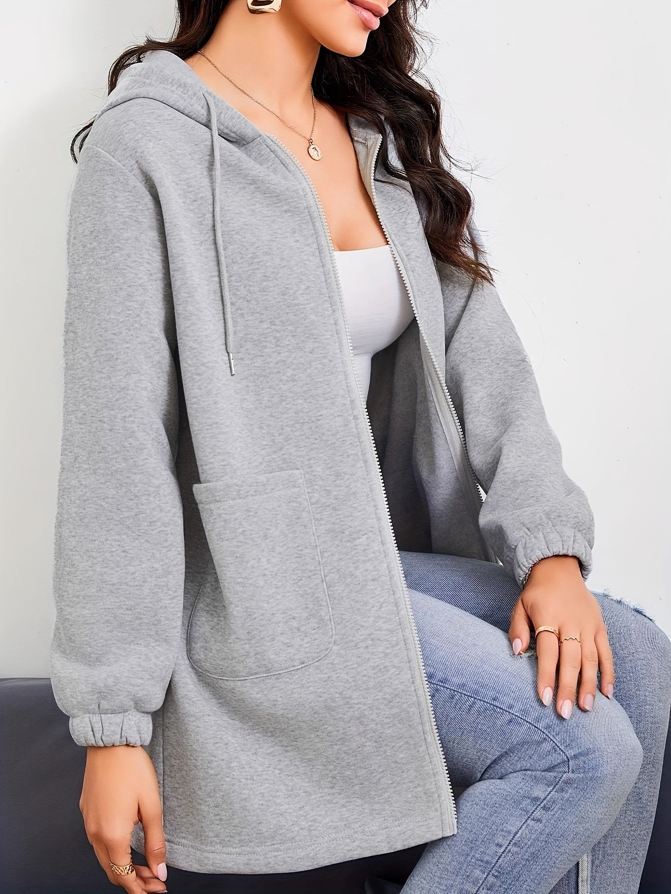 Women's solid color long hooded zipper cardigan sweatshirt