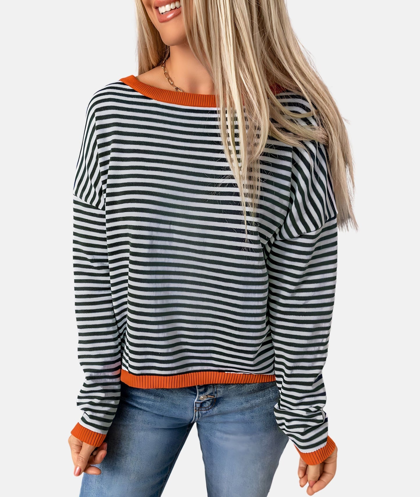 Women's drop shoulder striped contrast color knitted sweater