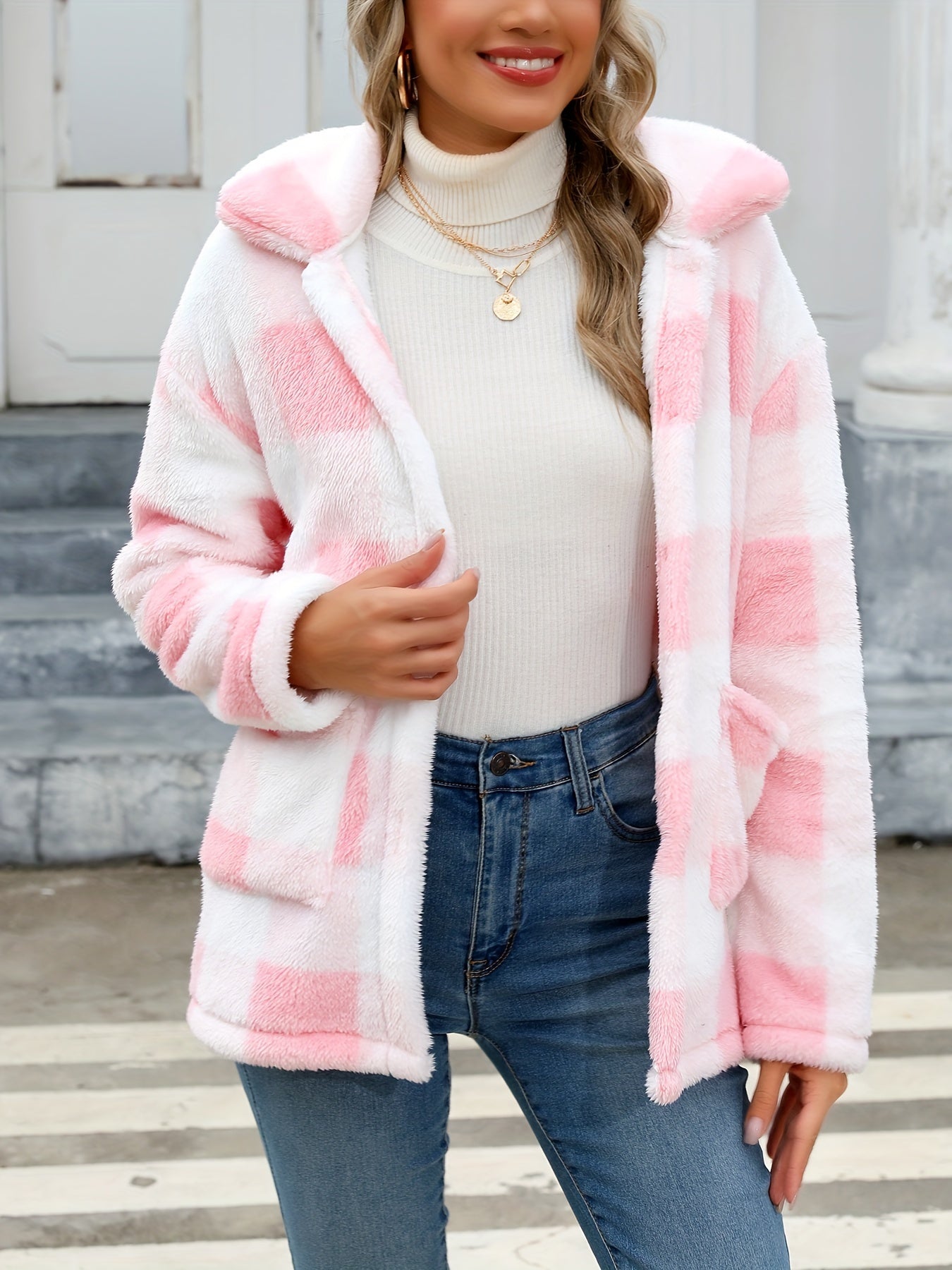 Women's plaid plush pocket long-sleeved winter casual coat
