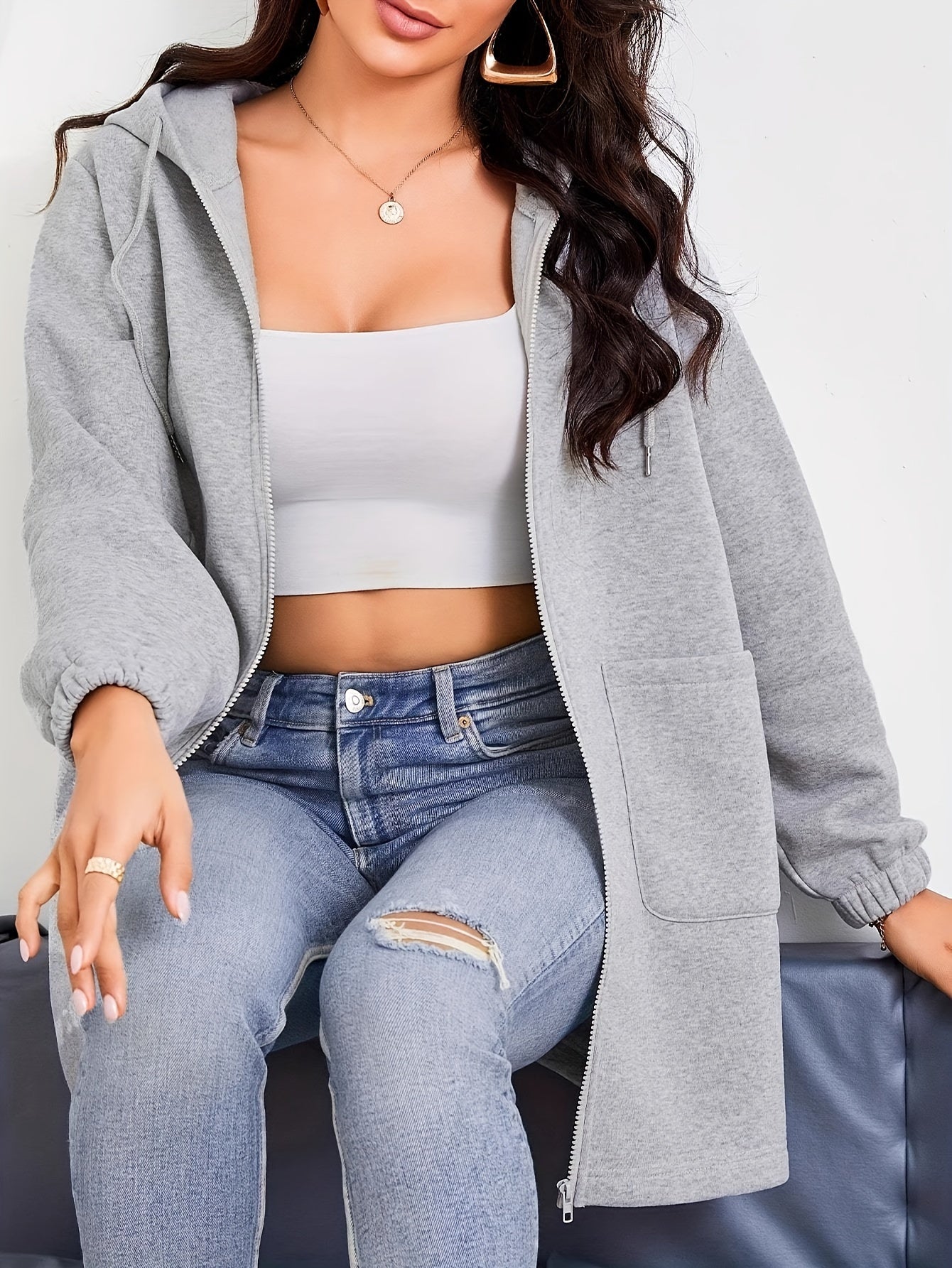 Women's solid color long hooded zipper cardigan sweatshirt