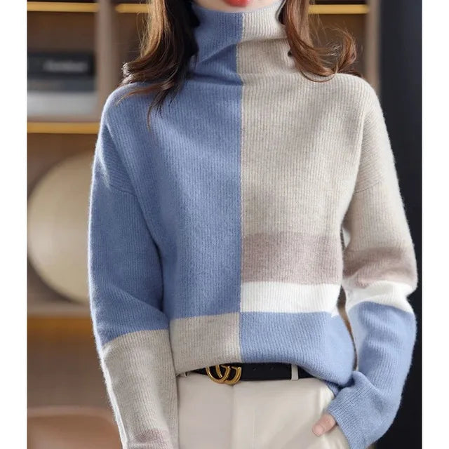 Women's high neck color blocking slouchy sweater