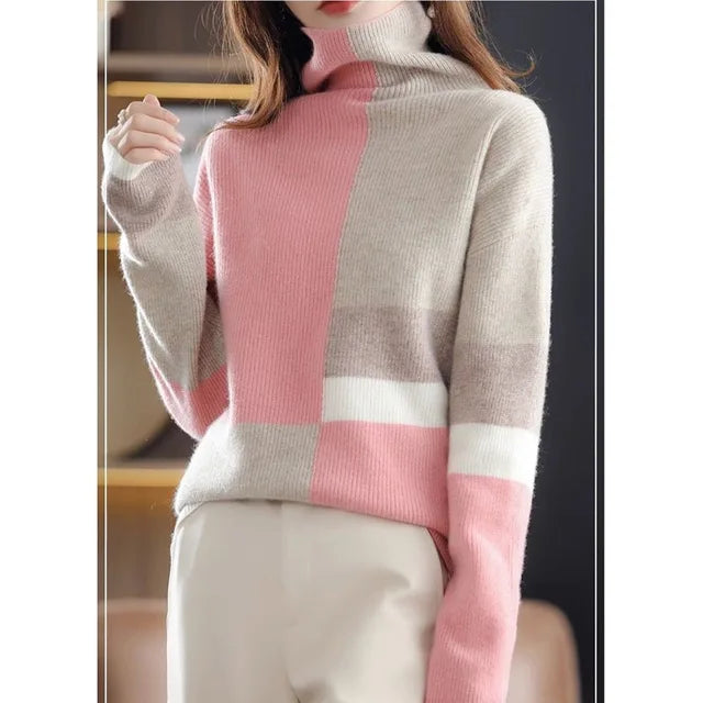 Women's high neck color blocking slouchy sweater