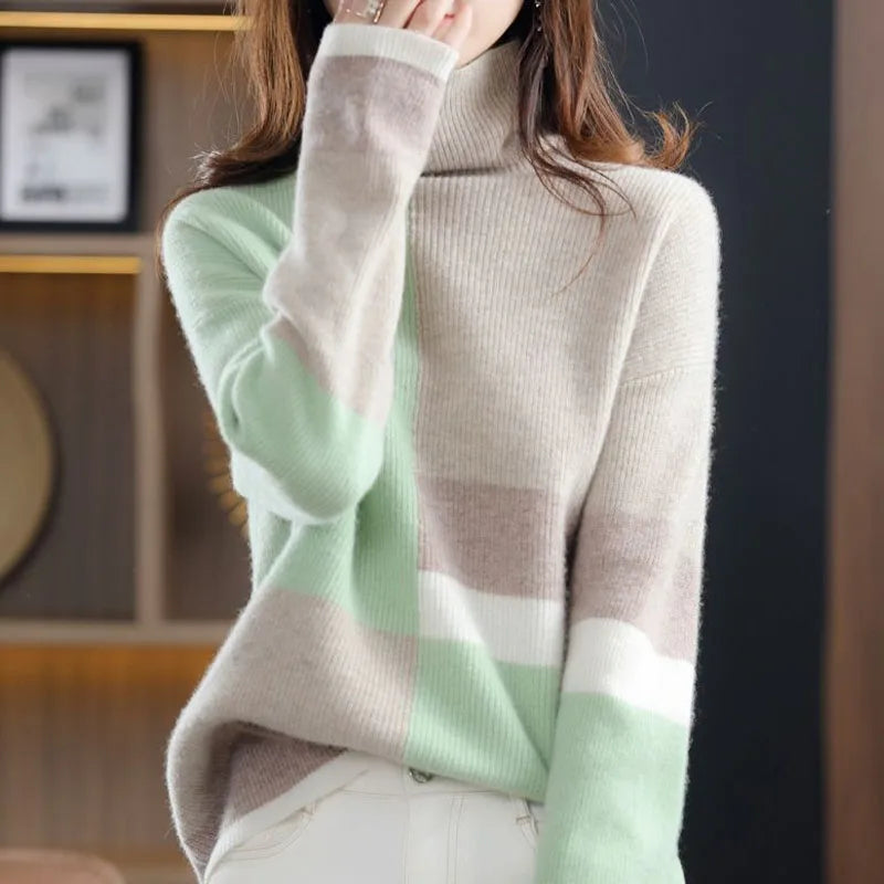 Women's high neck color blocking slouchy sweater