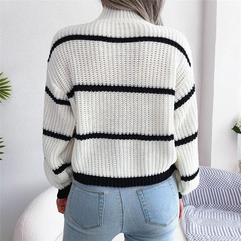 Women's contrast color half turtleneck knitted pullover sweater