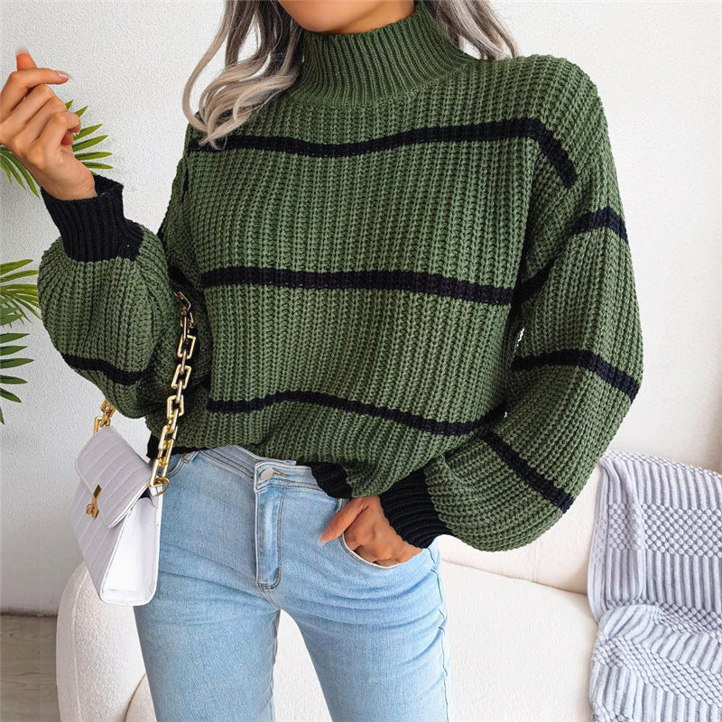 Women's contrast color half turtleneck knitted pullover sweater