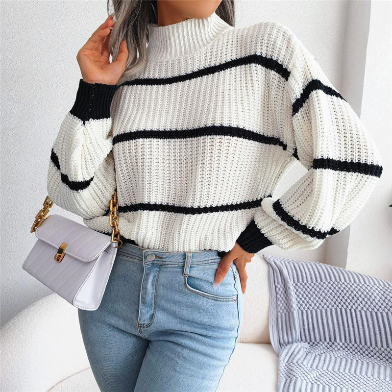 Women's contrast color half turtleneck knitted pullover sweater