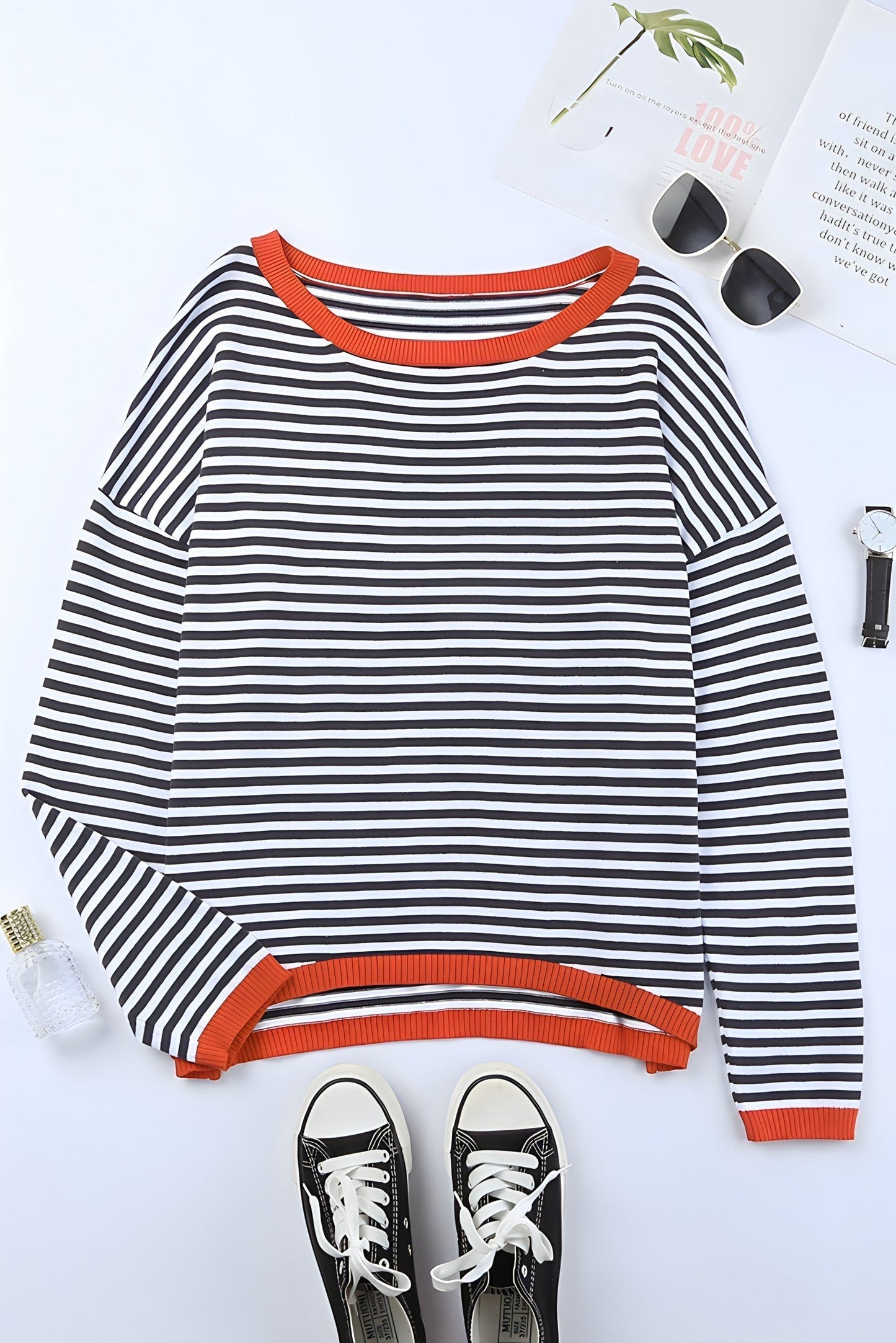 Women's drop shoulder striped contrast color knitted sweater