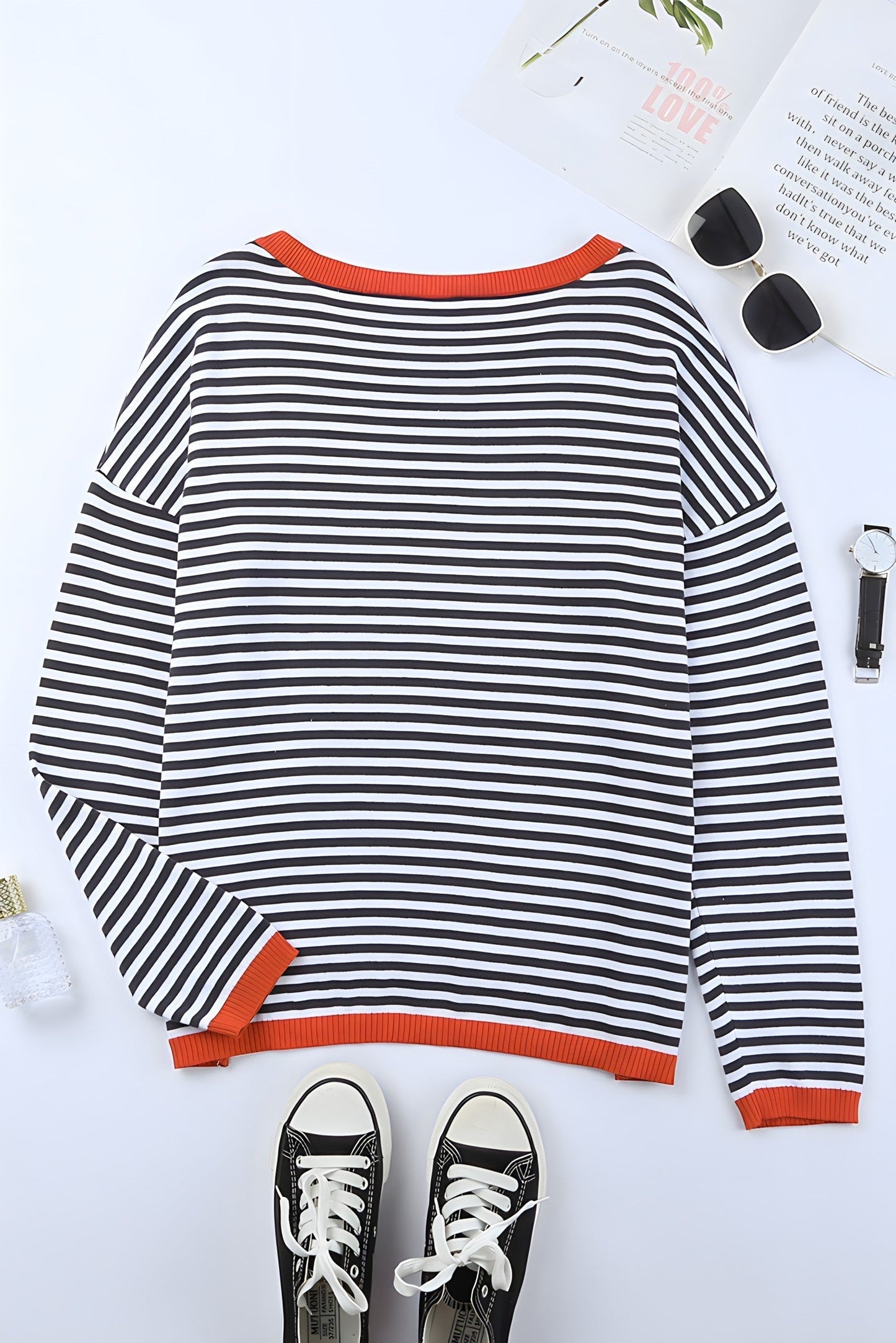 Women's drop shoulder striped contrast color knitted sweater