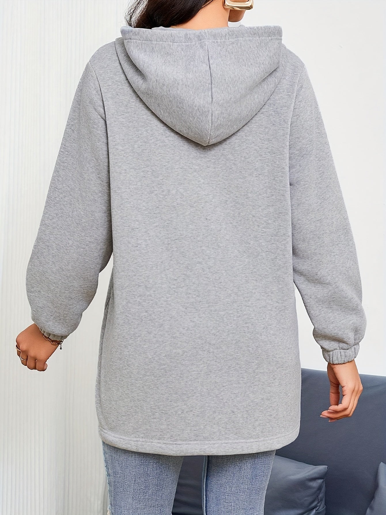 Women's solid color long hooded zipper cardigan sweatshirt
