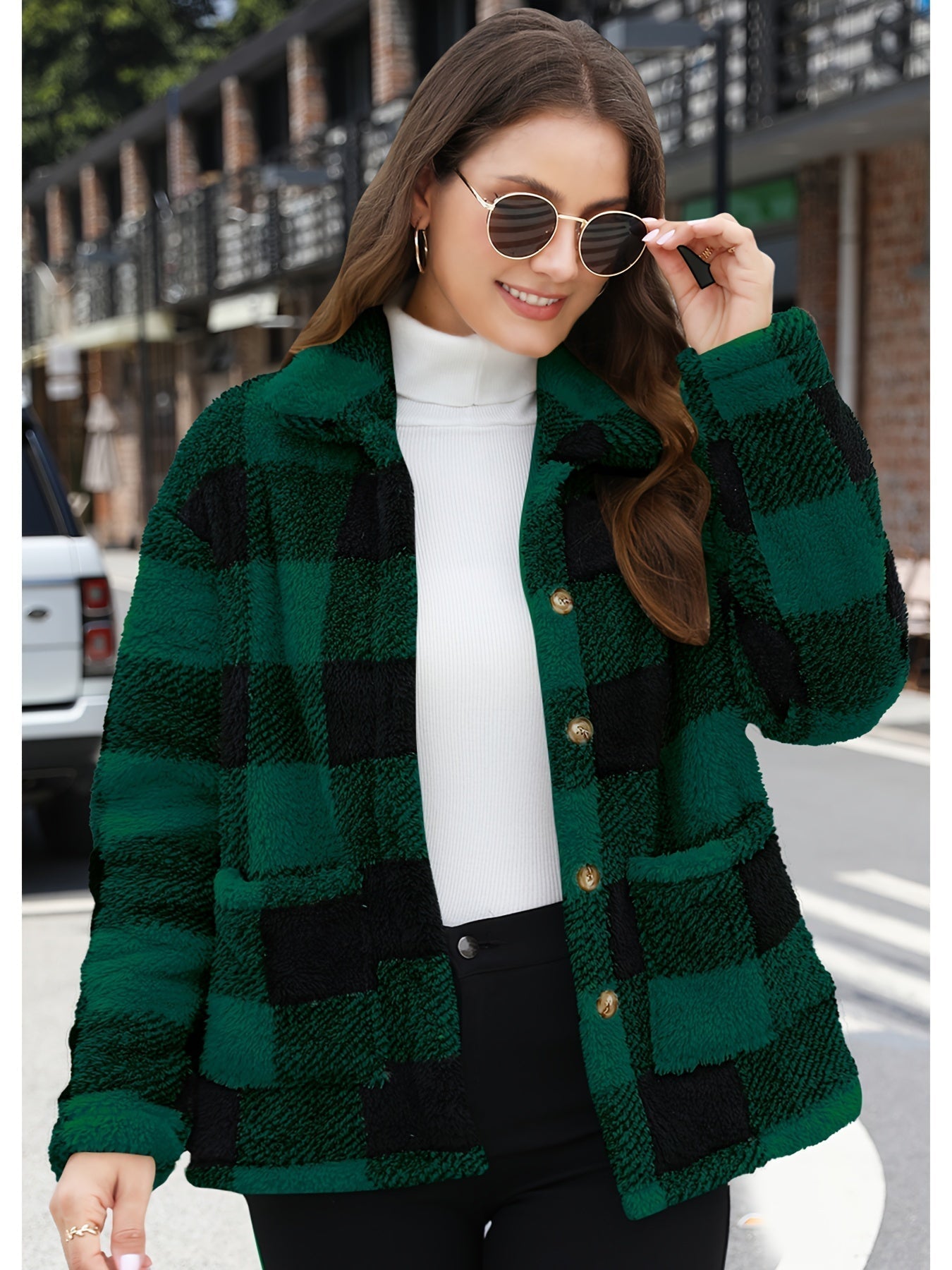Women's plaid plush pocket long-sleeved winter casual coat