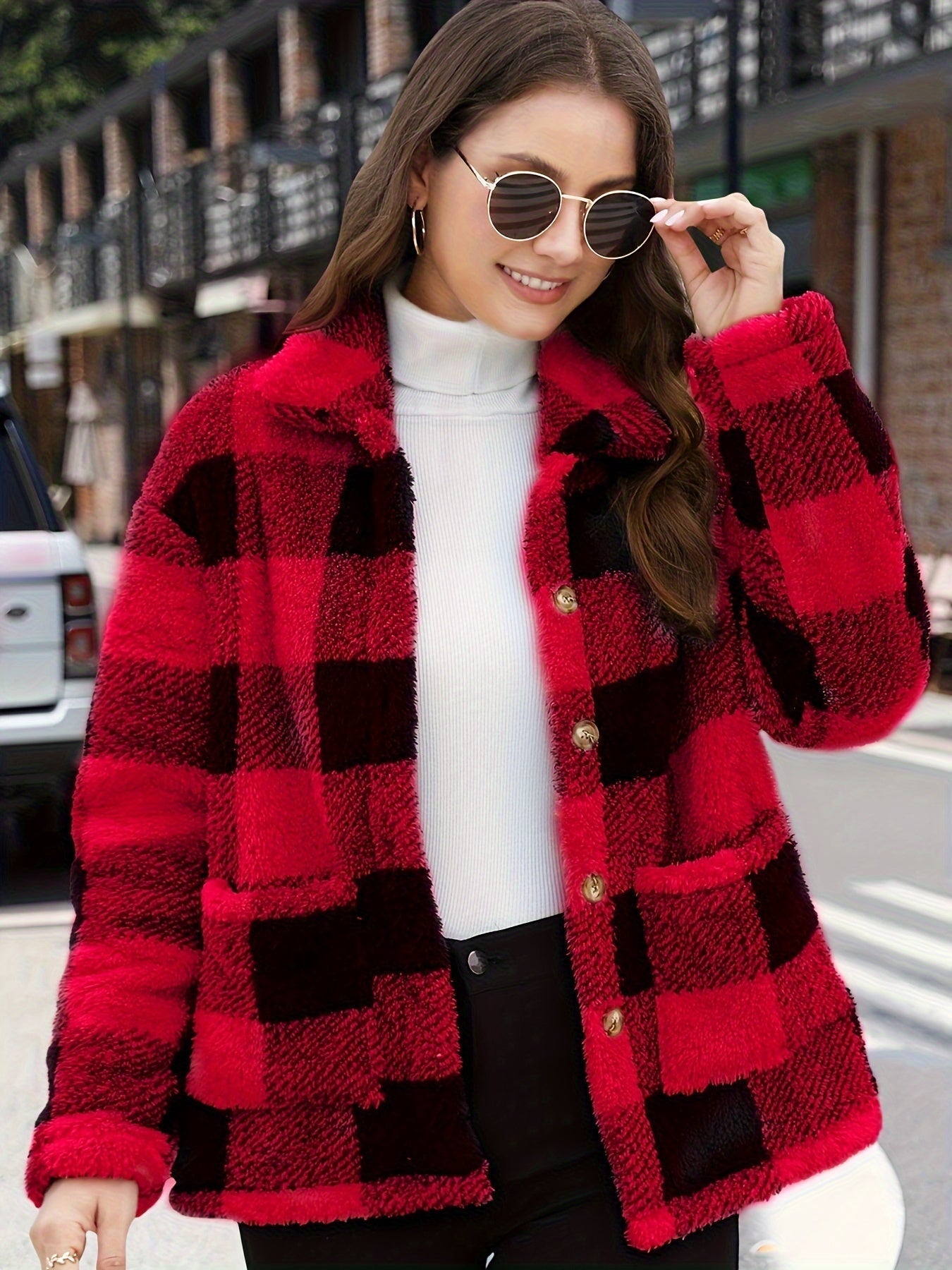 Women's plaid plush pocket long-sleeved winter casual coat