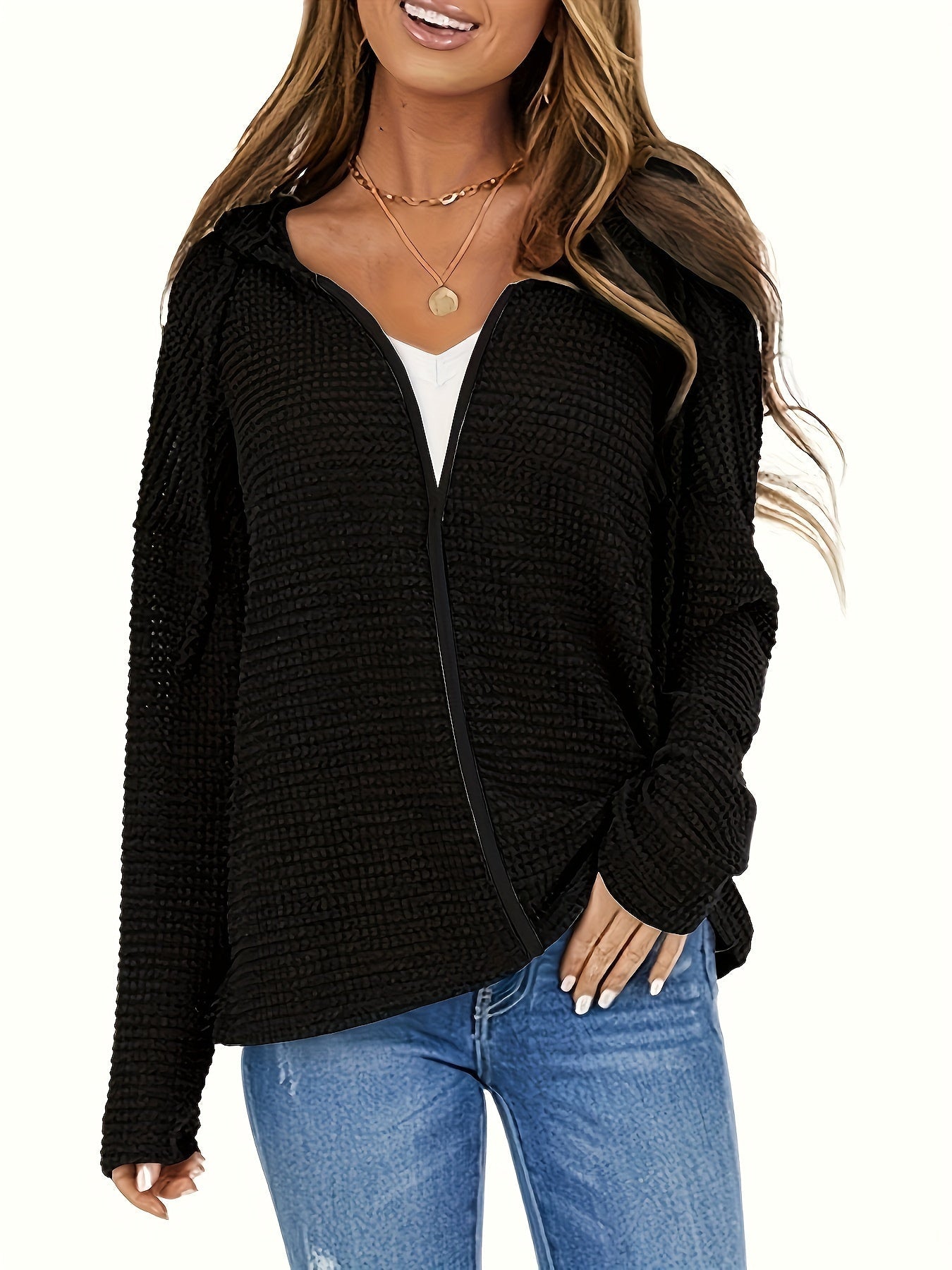 Women's solid color hooded drawstring zipper jacket