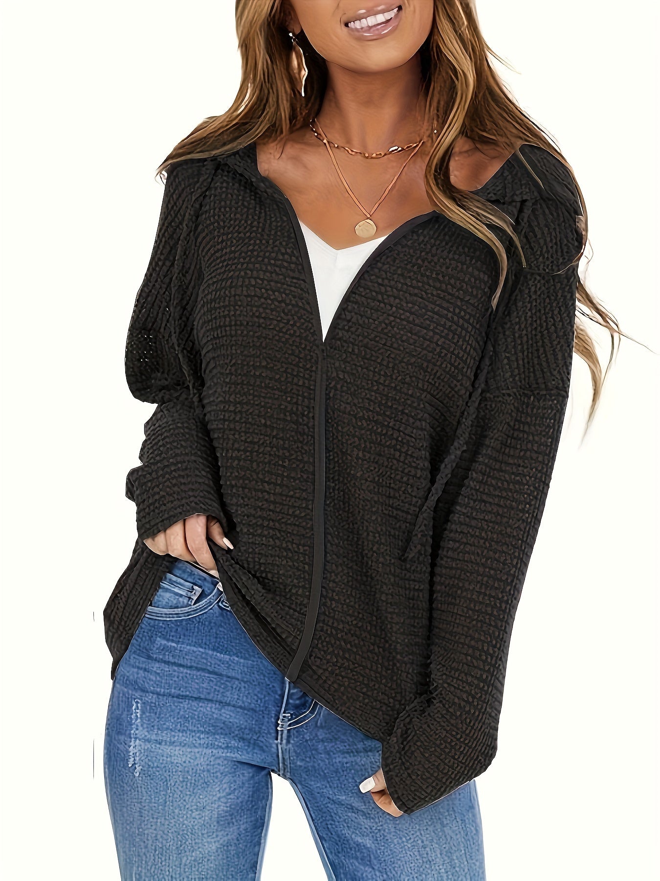 Women's solid color hooded drawstring zipper jacket