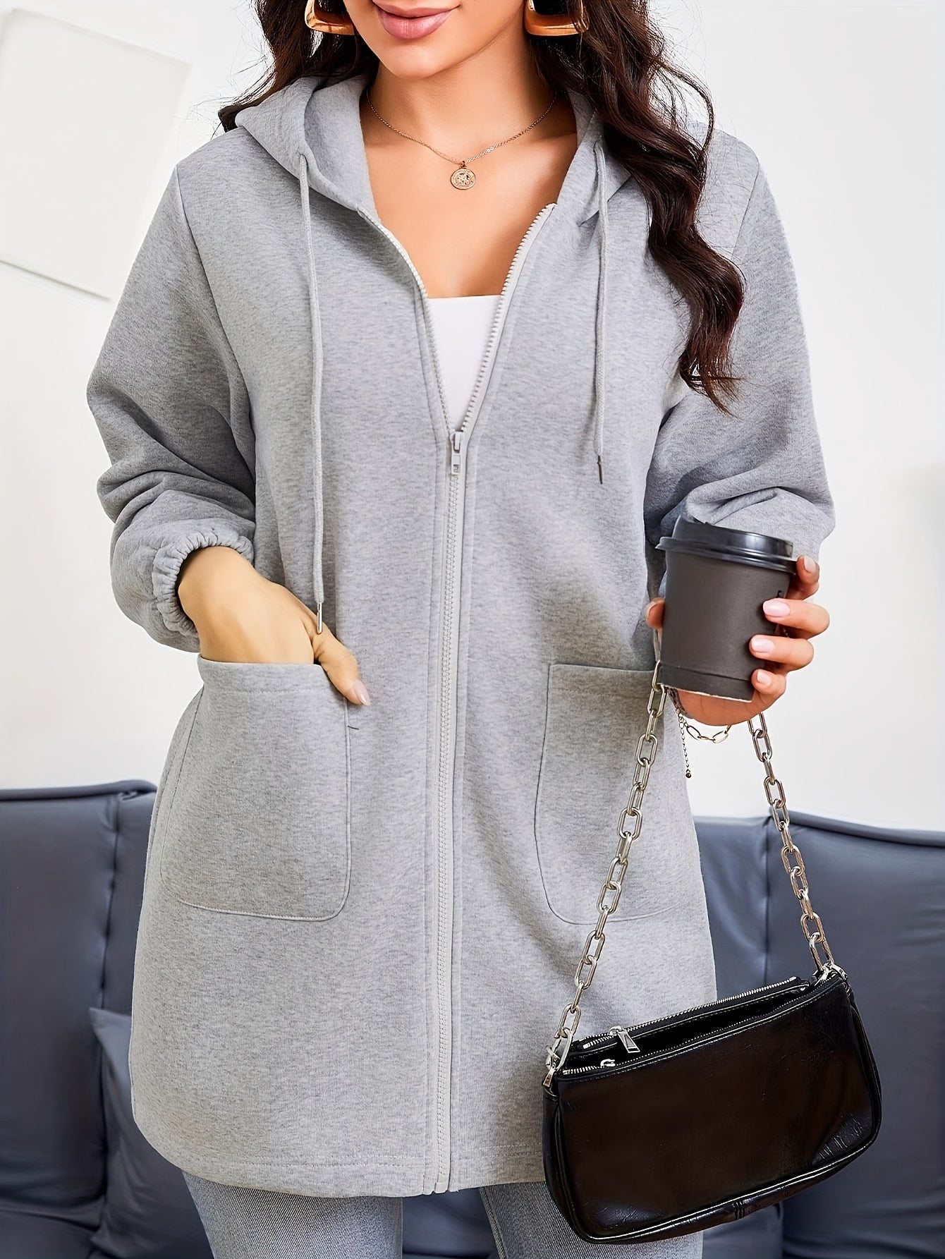 Women's solid color long hooded zipper cardigan sweatshirt