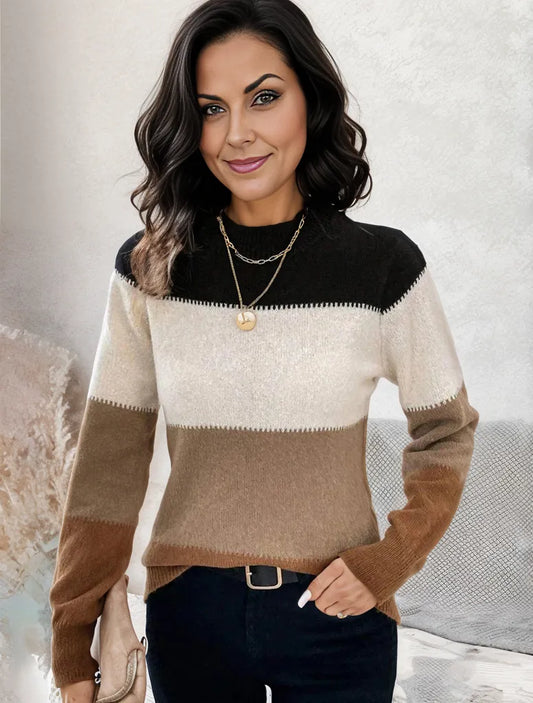 Color play knit pullover sweater for women