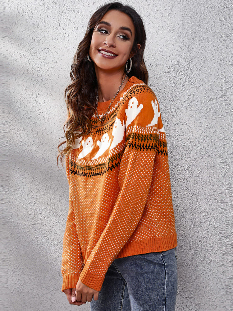 Women's halloween ghost polka dot long-sleeve loose knit sweater