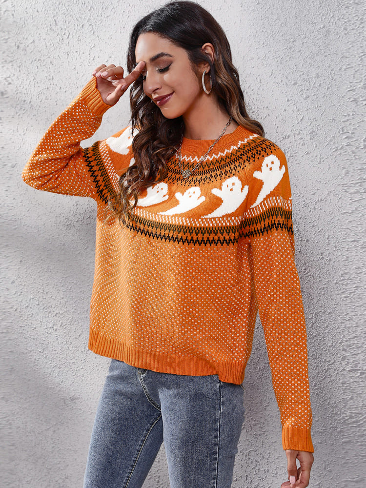 Women's halloween ghost polka dot long-sleeve loose knit sweater