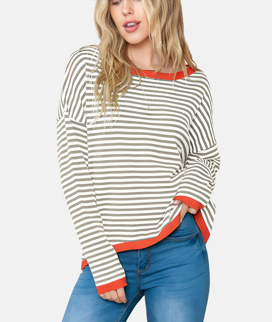 Women's drop shoulder striped contrast color knitted sweater