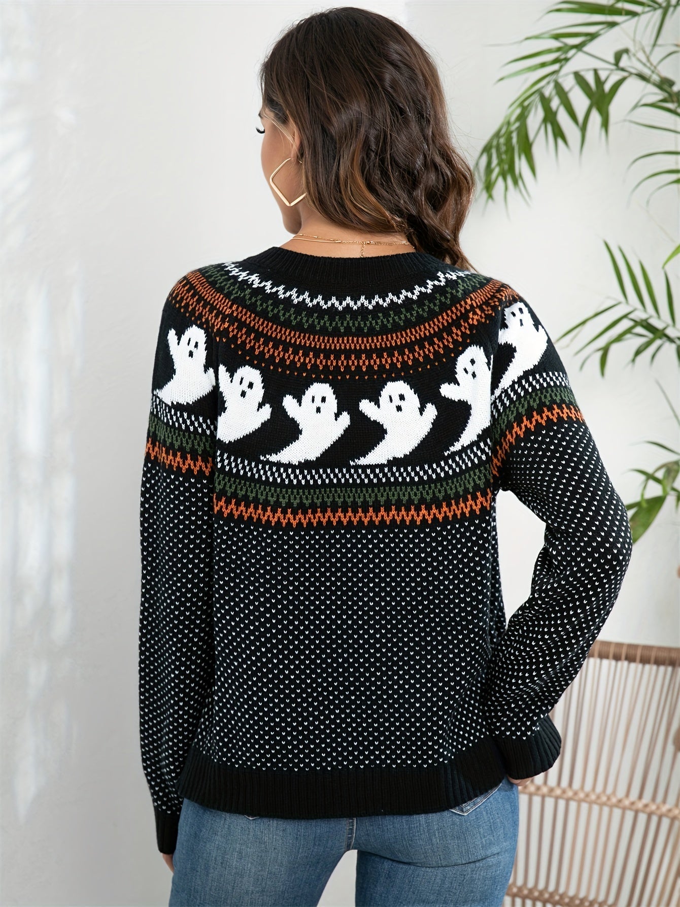 Women's halloween ghost polka dot long-sleeve knitted cardigan sweater
