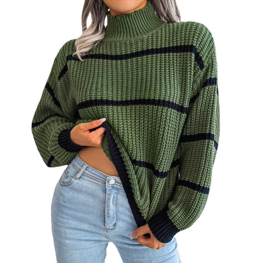 Women's contrast color half turtleneck knitted pullover sweater