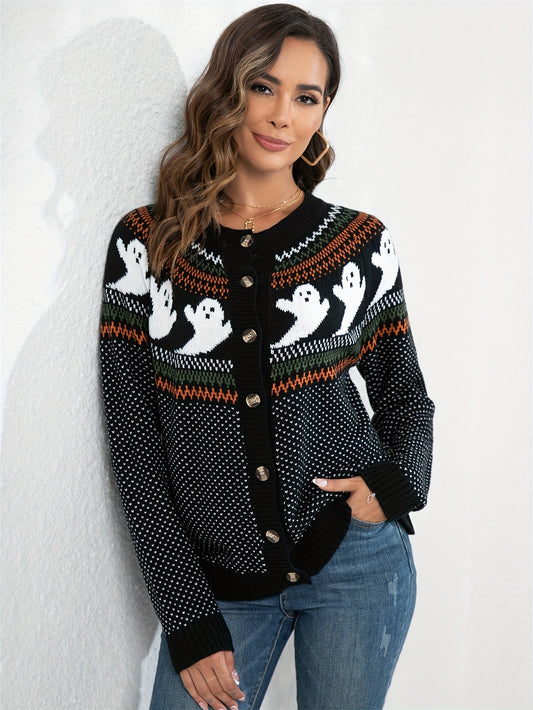 Women's halloween ghost polka dot long-sleeve knitted cardigan sweater