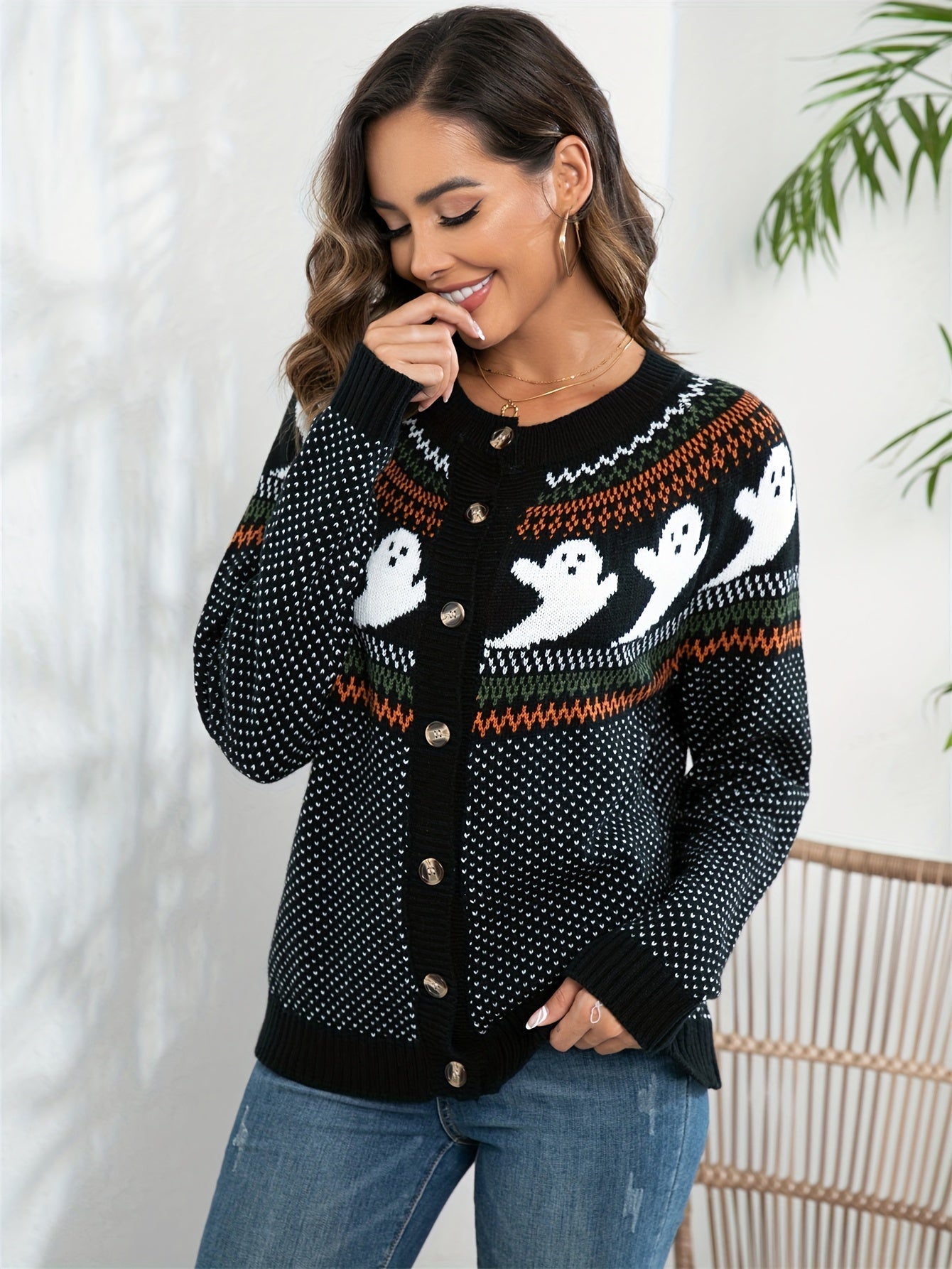 Women's halloween ghost polka dot long-sleeve knitted cardigan sweater