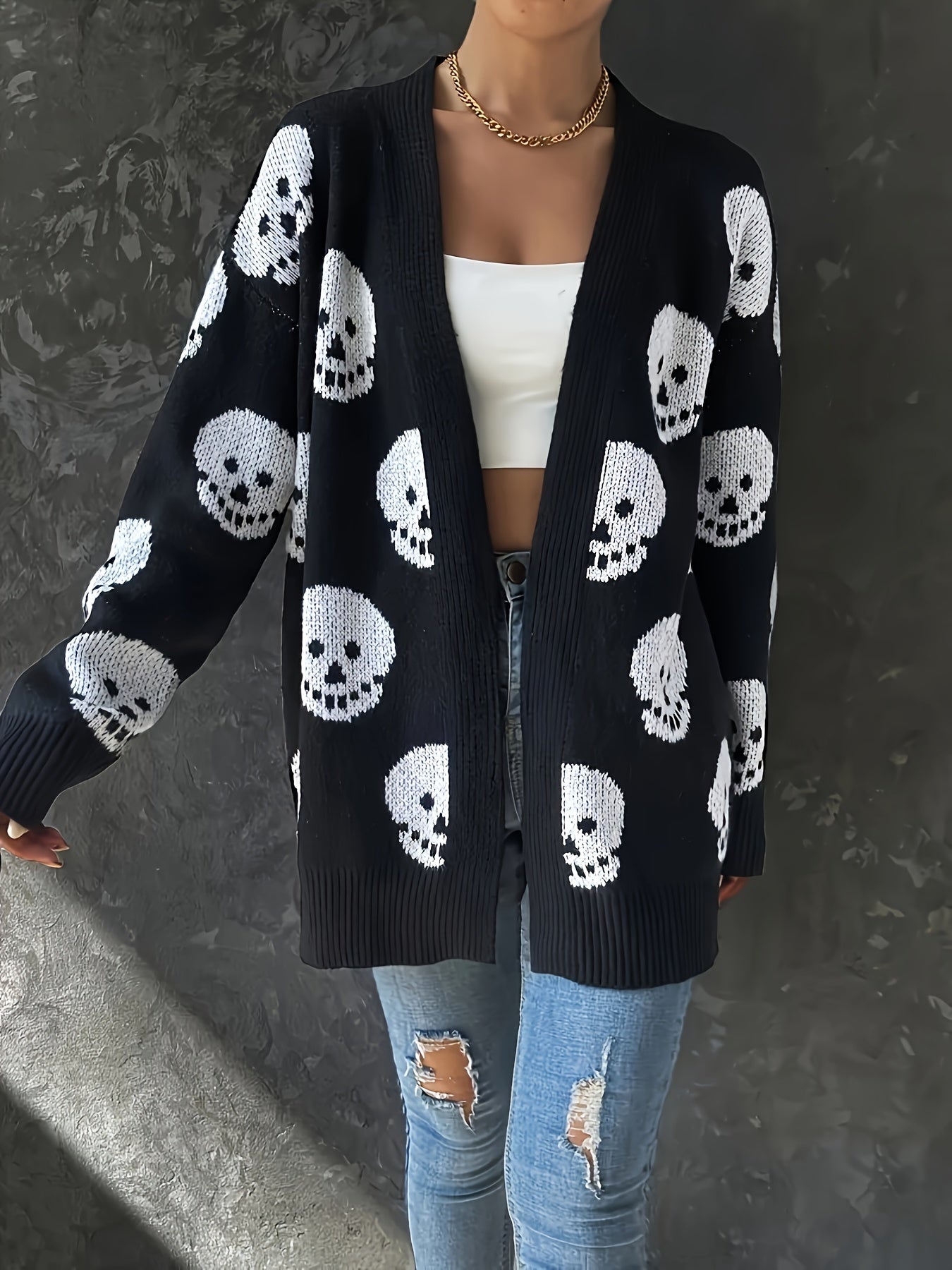 Women's halloween skull jacquard long-sleeve knitted cardigan