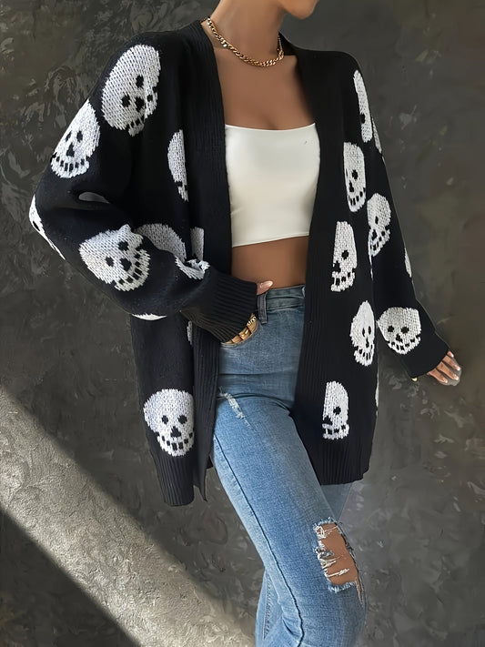 Women's halloween skull jacquard long-sleeve knitted cardigan